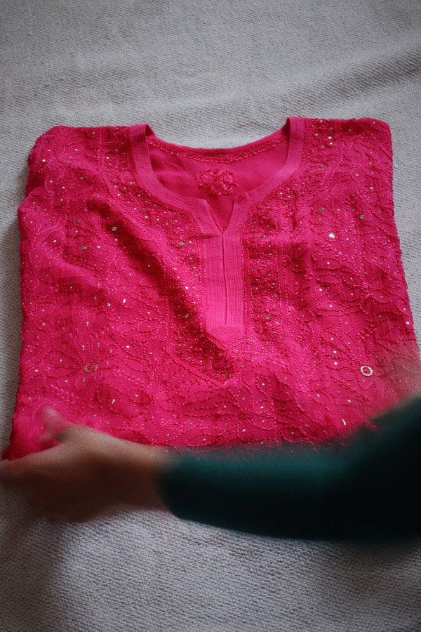 Maya Pink Mukaish Chiffon Chikankari Kurta (Size: XS, S, M, L)