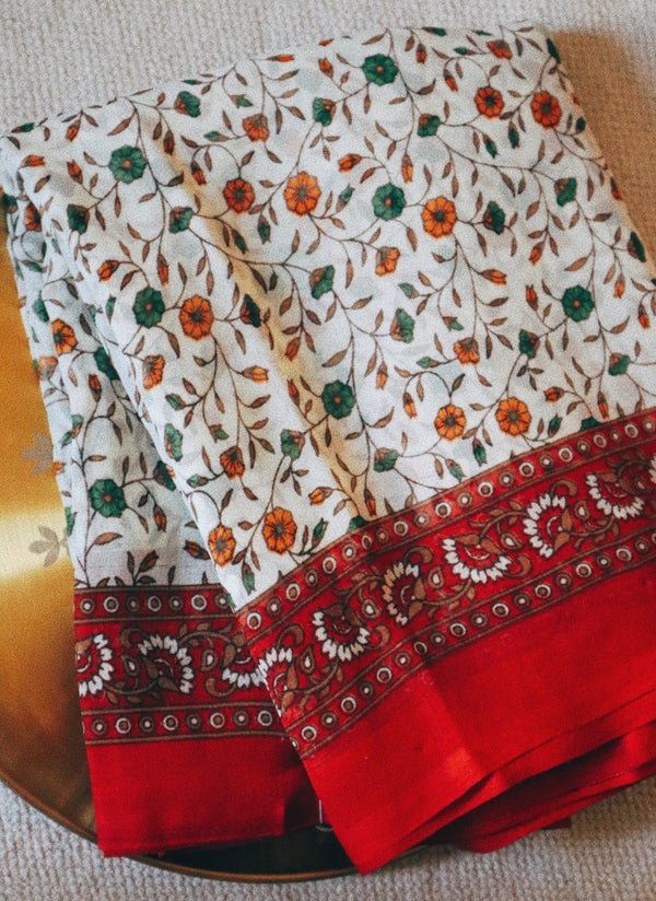 White and Red Chiffon Sari