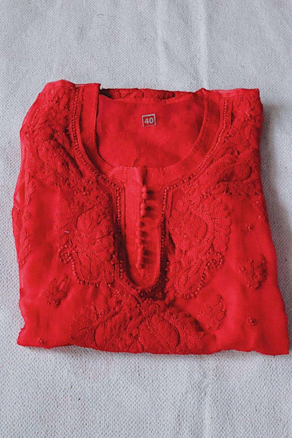 Red Chikankari Kurta (Size: S, M, L)
