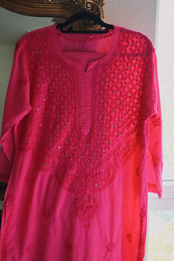 Maya Pink Mukaish Embroidery Cotton Kurta Set (Size: XS, S, M, L)