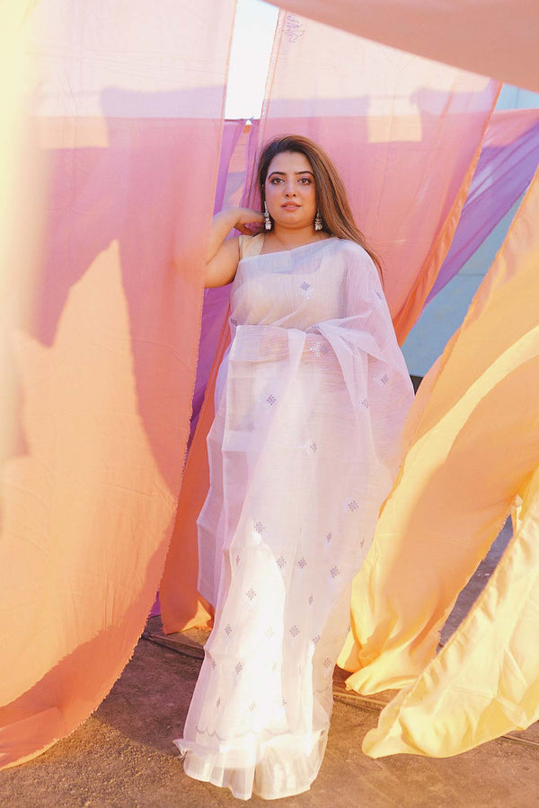 Silver & White Sari
